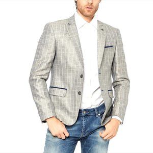 Dewberry Men's Tan Checked Blazer w/ Navy Trim